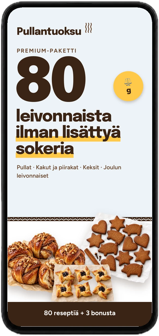 Pullantuoksu-reseptien kansi puhelimessa: 80 leivonnaista ilman lisättyä sokeria
