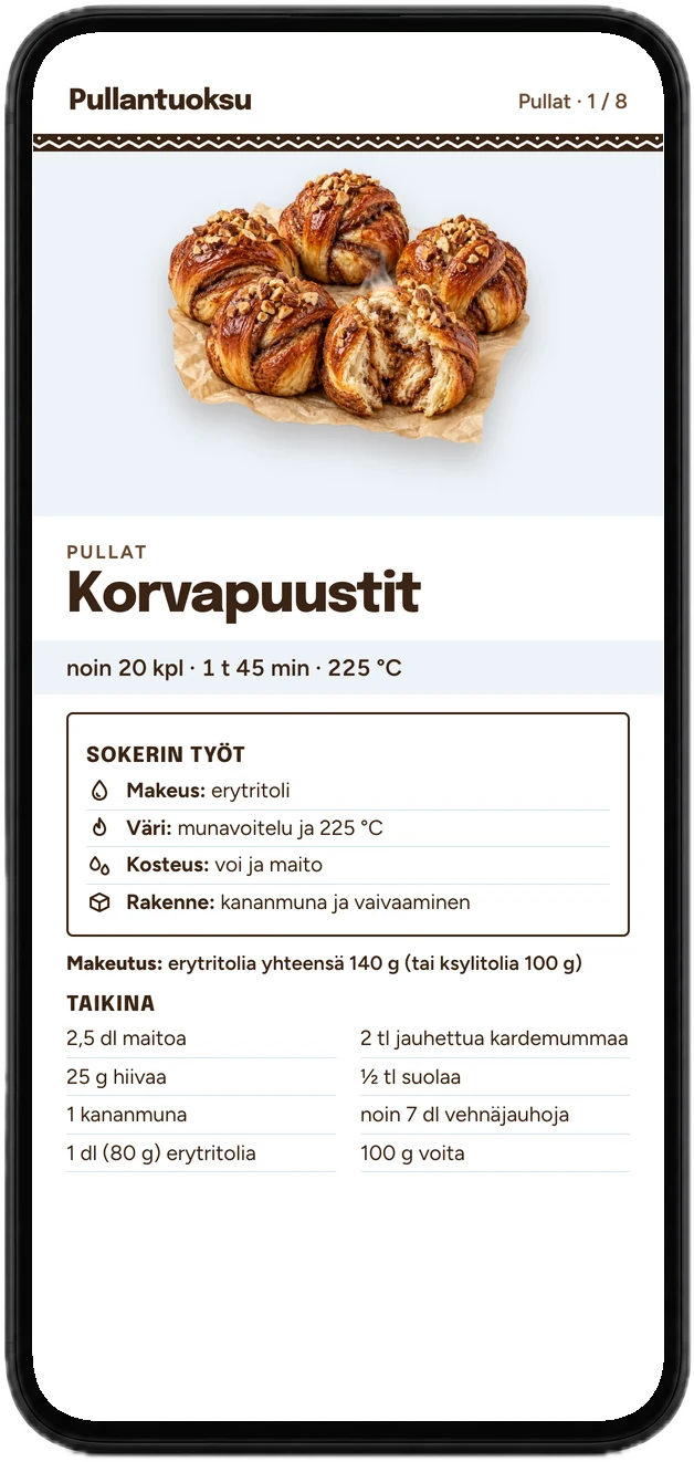 Korvapuustien resepti puhelimessa: määrä, aika, uuni, Sokerin työt ja ainekset