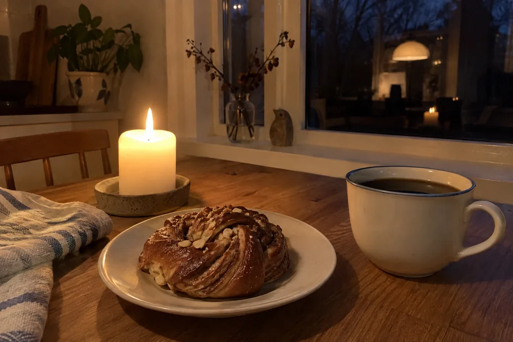 Korvapuusti ja kahvikuppi ikkunan ääressä syysillassa, kynttilä palaa